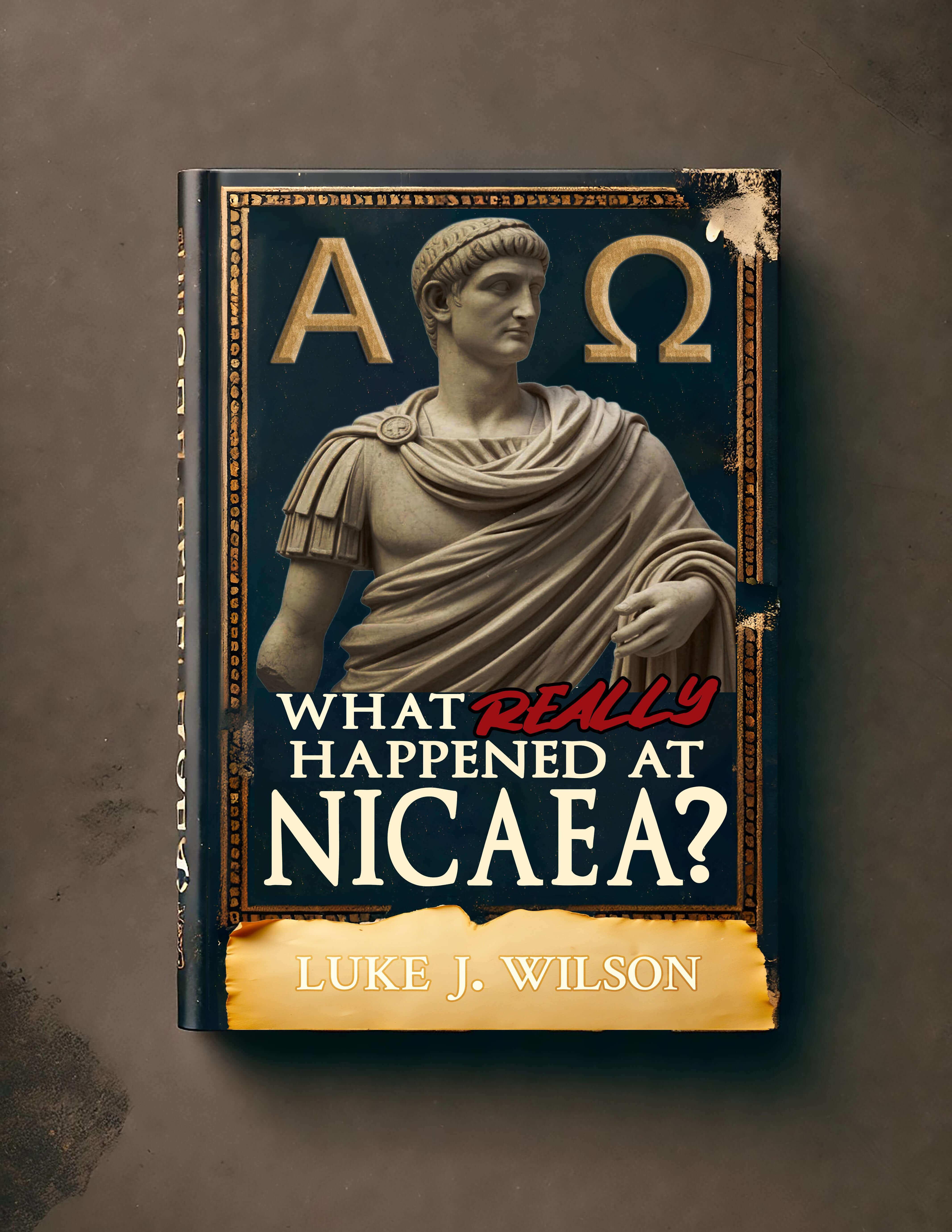 A book cover design featuring a dramatic, ancient-style statue of Emperor Constantine, slightly broken or weathered, against a deep parchment-textured background